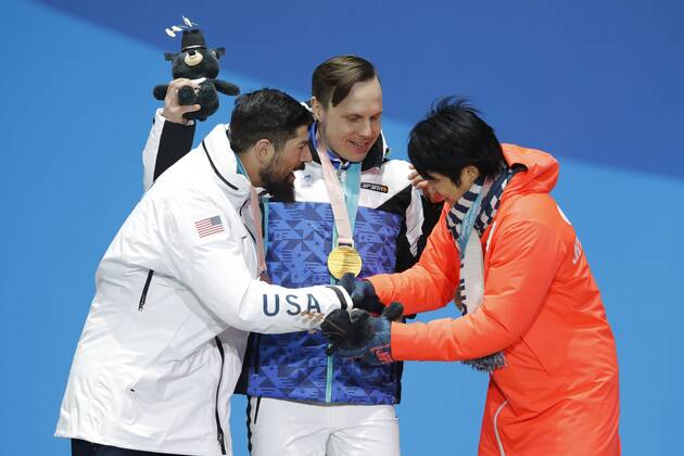 (L-R) Keith Gabel (USA), HamariMatti Suur (FIN), Gurimu Narita (JPN), MARCH 12, 2018 - Snowboarding : Men s Snowboard Cross Standing Medal Ceremony at PyeongChang Medals Plaza during the PyeongChang 2018 Paralympics Winter games Winterspiele Spiele Summer games in Pyeongchang, South Korea. NoxThirdxPartyxSales  (74028376)