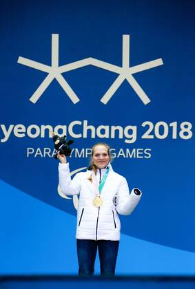 PYEONGCHANG, SOUTH KOREA - MARCH 13, 2018: First-placed neutral Paralympic athlete (NPA) from Russia Yekaterina Rumyantseva attends a ceremony to award the women s 10km standing biathlon race winners at the 2018 Winter Paralympic Games. Vladimir Smirnov TASS  TS077726