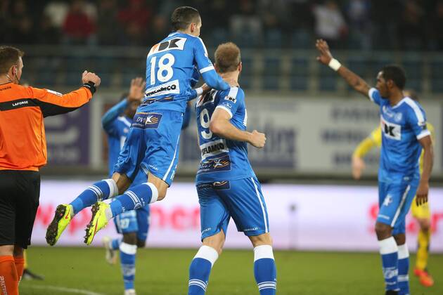 - GENT, BELGIUM: Gent s Laurent Depoitre celebrates after scoring during the Jupiler Pro League match between KAA Gent and Westerlo, in Gent, Saturday 07 February 2015, on day 25 of the Belgian soccer championship. BRUNOxFAHY x73083796x