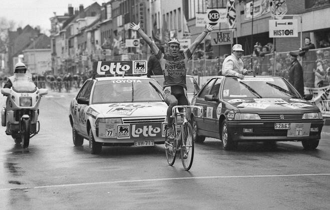 - GENT, BELGIUM: File picture dated 04 March 1989 shows Etienne De Wilde celebrating at the finish after winning the Omloop Het Volk cycling race ahead of Sean Kelly. BELGAxARCHIVES x74599491x