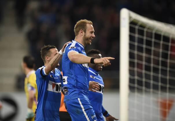 - GENT, BELGIUM: Gent s Laurent Depoitre celebrates after scoring during the Jupiler Pro League match between KAA Gent and RSC Anderlecht, Thursday 30 April 2015 in Gent, on the fifth day of the Play-off 1. JOHNxTHYS x80474995x