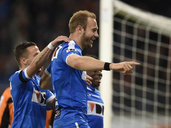 - GENT, BELGIUM: Gent s Laurent Depoitre celebrate after scoring the 1-0 goal during the Jupiler Pro League match between KAA Gent and RSC Anderlecht, Thursday 30 April 2015 in Gent, on the fifth day of the Play-off 1. JOHNxTHYS x80475030x