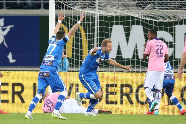 - GENT, BELGIUM: Gent s Laurent Depoitre scores a goal during the Jupiler Pro League match between KAA Gent and RSC Anderlecht, Thursday 30 April 2015 in Gent, on the fifth day of the Play-off 1. BRUNOxFAHY x80475182x