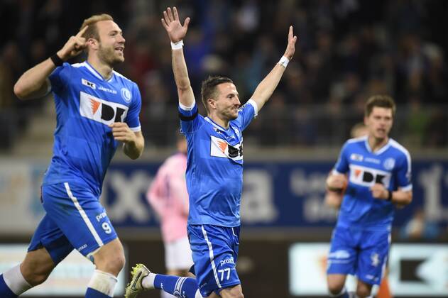 - GENT, BELGIUM: Gent s Laurent Depoitre celebrates after scoring the 1-0 goal during the Jupiler Pro League match between KAA Gent and RSC Anderlecht, Thursday 30 April 2015 in Gent, on the fifth day of the Play-off 1. JOHNxTHYS x80475216x