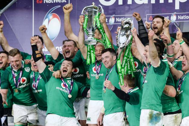 Ireland lift the 6 Nations Trophy and the Triple Crown after the Six Nations Championship match at Twickenham Stadium, London. Picture date: February 24th 2018. Picture credit should read: Charlie Forgham-Bailey Sportimage EDITORIAL USE ONLY. No use with unauthorised audio, video, data, fixture lists, club league logos or live services. Online in-match use limited to 120 images, no video emulation. No use in betting, games or single club league player publications.