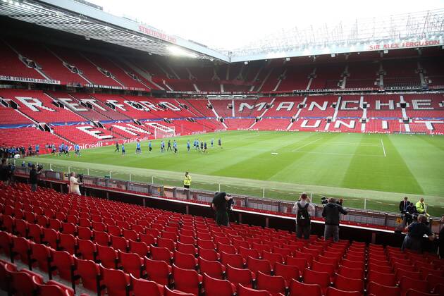 - MANCHESTER, UNITED KINGDOM: Club s players pictured in the Old Trafford stadium during a training session of Belgian soccer team Club Brugge KV in Manchester, United Kingdom, Monday 17 August 2015. Tomorrow Club is playing British soccer club Manchester United ManU FC, the first leg game of the play-offs for the UEFA Champions League competition. BRUNOxFAHY x84298627x