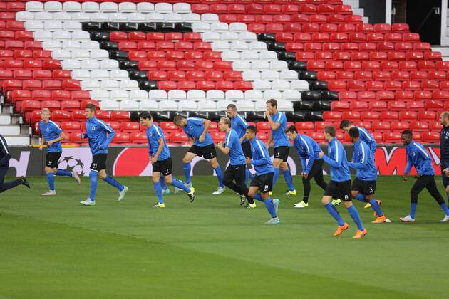 - MANCHESTER, UNITED KINGDOM: Club s players pictured during a training session of Belgian soccer team Club Brugge KV in Manchester, United Kingdom, Monday 17 August 2015. Tomorrow Club is playing British soccer club Manchester United ManU FC, the first leg game of the play-offs for the UEFA Champions League competition. BRUNOxFAHY x84298872x