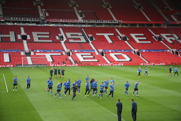 - MANCHESTER, UNITED KINGDOM: Club s players pictured in the Old Trafford stadium during a training session of Belgian soccer team Club Brugge KV in Manchester, United Kingdom, Monday 17 August 2015. Tomorrow Club is playing British soccer club Manchester United ManU FC, the first leg game of the play-offs for the UEFA Champions League competition. BRUNOxFAHY x84298874x