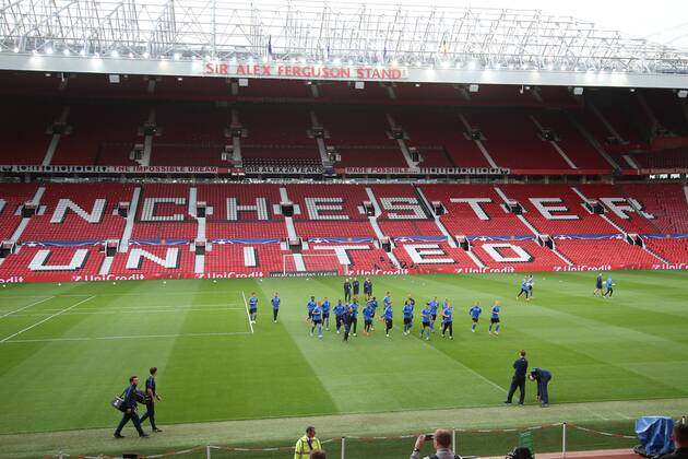 - MANCHESTER, UNITED KINGDOM: Club s players pictured in the Old Trafford stadium during a training session of Belgian soccer team Club Brugge KV in Manchester, United Kingdom, Monday 17 August 2015. Tomorrow Club is playing British soccer club Manchester United ManU FC, the first leg game of the play-offs for the UEFA Champions League competition. BRUNOxFAHY x84298981x