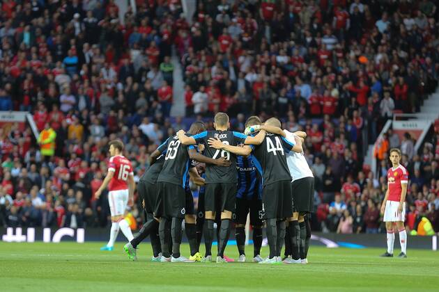 - MANCHESTER, UNITED KINGDOM: Club s players pictured at the start of a soccer game between British club Manchester United ManU FC and Belgian team Club Brugge KV in Manchester, United Kingdom, Tuesday 18 August 2015, the first leg of the play-offs for the UEFA Champions League competition. BRUNOxFAHY x84377839x