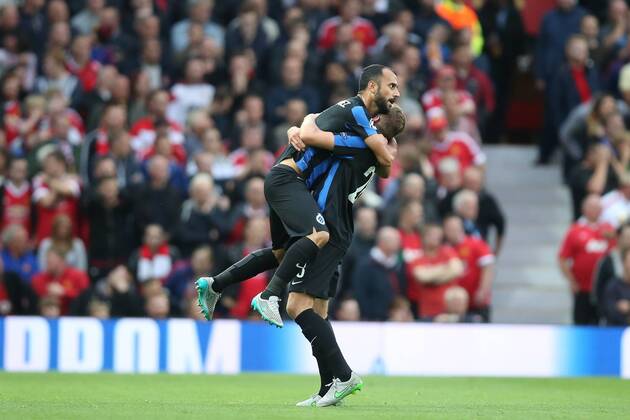 - MANCHESTER, UNITED KINGDOM: Club s Laurens De Bock and Club s Victor Vazquez Solsona celebrate after a goal during a soccer game between British club Manchester United ManU FC and Belgian team Club Brugge KV in Manchester, United Kingdom, Tuesday 18 August 2015, the first leg of the play-offs for the UEFA Champions League competition. BRUNOxFAHY x84377862x