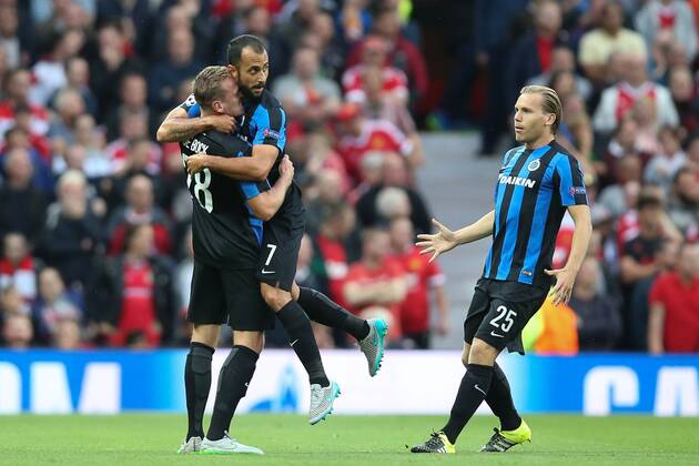 - MANCHESTER, UNITED KINGDOM: Club s Laurens De Bock and Club s Victor Vazquez Solsona celebrate after a goal during a soccer game between British club Manchester United ManU FC and Belgian team Club Brugge KV in Manchester, United Kingdom, Tuesday 18 August 2015, the first leg of the play-offs for the UEFA Champions League competition. BRUNOxFAHY x84377875x