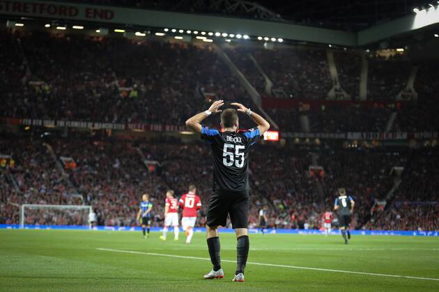 - MANCHESTER, UNITED KINGDOM: Club s Tuur Dierckx reacts during a soccer game between British club Manchester United ManU FC and Belgian team Club Brugge KV in Manchester, United Kingdom, Tuesday 18 August 2015, the first leg of the play-offs for the UEFA Champions League competition. BRUNOxFAHY x84382676x