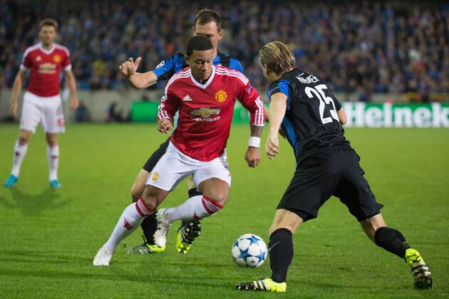 - BRUGGE, BELGIUM: Manchester s Memphis Depay and Club s Rudy Ruud Vormer fight for the ball during a soccer game between Belgian first league team Club Brugge KV and British club Manchester United ManU FC in Brugge, Wednesday 26 August 2015, the return game of the play-offs of the UEFA Champions League competition. Manchester United won the first leg 3-1. KURTxDESPLENTER x84638785x