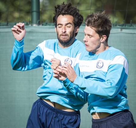 - GENT, BELGIUM: Gent s Rafinha Rafael Scapini de Almeida and Gent s Hannes Van der Bruggen pictured in action during a training of KAA Gent, in Gent, Tuesday 15 September 2015. Tomorrow Belgian first league soccer team KAA Gent will play the first game in the group stage of the Uefa Champions League competition against French Olympique Lyon. JASPERxJACOBS x85227471x
