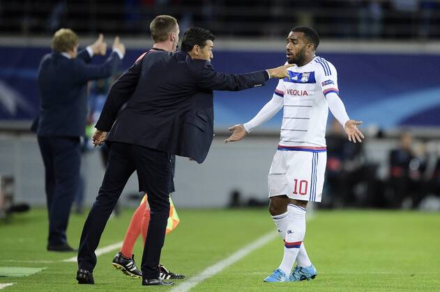 - GENT, BELGIUM: Lyon s head coach Hubert Fournier and Lyon s Alexandre Lacazette pictured during the first game in the group stage of the Uefa Champions League competition, in group H, between Belgian first league soccer team KAA Gent and Olympique Lyon, in Gent, Wednesday 16 September 2015. YORICKxJANSENS x85279503x