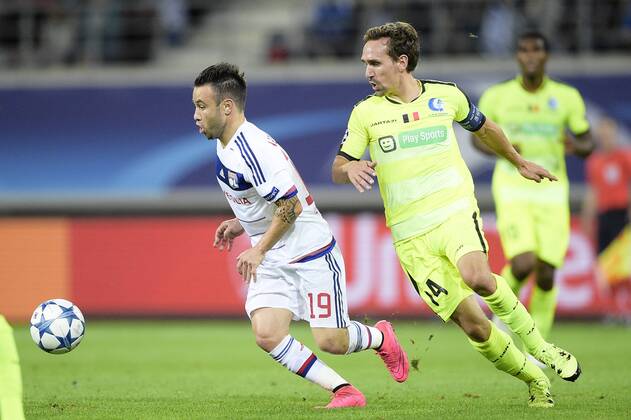 - GENT, BELGIUM: Lyon s Mathieu Valbuena and Gent s Sven Kums fight for the ball during the first game in the group stage of the Uefa Champions League competition, in group H, between Belgian first league soccer team KAA Gent and Olympique Lyon, in Gent, Wednesday 16 September 2015. YORICKxJANSENS x85281232x