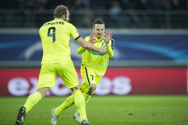 - GENT, BELGIUM: Gent s Laurent Depoitre and Gent s Danijel Milicevic celebrate after scoring during a soccer game between Belgian team KAA Gent and Russian club FC Zenit Saint Petersburg, Wednesday 09 December 2015, in Gent, the sixth and last day of the group stage the UEFA Champions League competition, in group H. JASPERxJACOBS x88059970x