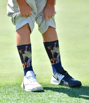 P.J. May bank III shows off his Jack Nicklaus themed socks during the Drive Chip & Putt National Finals at Augusta National Golf Club during Masters week on April 1, 2018 in Augusta, Georgia.  AUG20180401313 KEVINxDIETSCH
