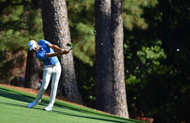 Dustin Johnson hits on the 2nd fairway during a practice round before the start of the Masters at Augusta National Golf Club, on April 2, 2018 in Augusta, Georgia.  AUG20180402301 KEVINxDIETSCH