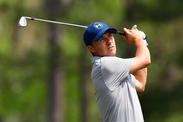 Jordan Spieth watches his hit off the 12th tee during a practice round before the start of the Masters at Augusta National Golf Club, on April 2, 2018 in Augusta, Georgia.  AUG20180402309 KEVINxDIETSCH