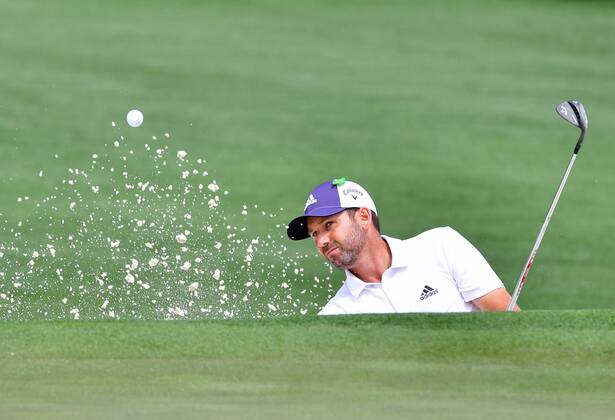 Sergio Garcia hits out of a bunker during a practice round before the start of the Masters at Augusta National Golf Club, on April 2, 2018 in Augusta, Georgia.  AUG20180402336 KEVINxDIETSCH