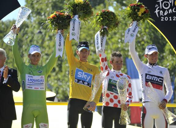 - PARIS, FRANCE: Slovakian Peter Sagan of Liquigas-Cannondale with the green jersey, British Bradley Wiggins of Sky Procycling Team with the yellow jersey, French Thomas Voeckler of Europcar with the white jersey with red dots (polka-dot) and US Tejay Van Garderen of BMC Racing Team with the white Jersey pictured on the podium after the 20th and last stage of the 99th edition of the Tour de France cycling race, 130km from Rambouillet to the Champs-Elysees, Paris, France, Sunday 22 July 2012. NICOLASxBOUVY x36717904x