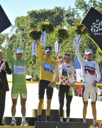 - PARIS, FRANCE: Slovakian Peter Sagan of Liquigas-Cannondale with the green jersey, British Bradley Wiggins of Sky Procycling Team with the yellow jersey, French Thomas Voeckler of Europcar with the white jersey with red dots (polka-dot) and US Tejay Van Garderen of BMC Racing Team with the white Jersey pictured on the podium after the 20th and last stage of the 99th edition of the Tour de France cycling race, 130km from Rambouillet to the Champs-Elysees, Paris, France, Sunday 22 July 2012. NICOLASxBOUVY x36717905x