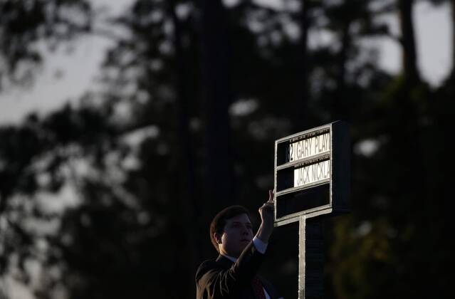 Honorary Starters Jack Nicklaus and Gary Player of South Africa have their name cards inserted at the the first hole tee box before the 1st round of the 2018 Masters Tournament at the Augusta National Golf Club in Augusta, Georgia, on April 5, 2018.  AUG20180405102 JOHNxANGELILLO