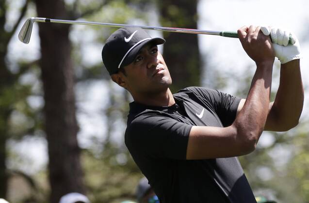 Tony Finau his tee shot on the 4th hole in the 1st round of the 2018 Masters Tournament at the Augusta National Golf Club in Augusta, Georgia, on April 5, 2018.  AUG20180405142 JOHNxANGELILLO