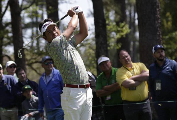 Yuta Ikeda of Japan hits his tee shot on the 4th hole in the 1st round of the 2018 Masters Tournament at the Augusta National Golf Club in Augusta, Georgia, on April 5, 2018.  AUG20180405145 JOHNxANGELILLO