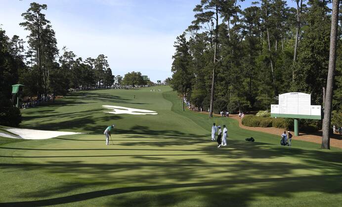 Jon Rahm putts on the 10th green during the first round of the 2018 Masters Tournament at the Augusta National Golf Club in Augusta, Georgia, on April 5, 2018.  AUG20180405362 KEVINxDIETSCH