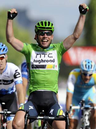 - PARIS, FRANCE: Holder of the green jersey of leader in the sprint ranking British Mark Cavendish of Team HTC - High Road celebrates as he crosses the finish line after the twenty first and final stage of the Tour de France cycling race, from Creteil to Paris (95km), in France, Sunday 24 July 2011. The 98th Tour de France ends on the Champs-Elysees in Paris today. ERICxLALMAND  x28358914x