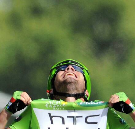 - PARIS, FRANCE: Holder of the green jersey of leader in the sprint ranking British Mark Cavendish of Team HTC - High Road celebrates as he crosses the finish line after the twenty first and final stage of the Tour de France cycling race, from Creteil to Paris (95km), in France, Sunday 24 July 2011. The 98th Tour de France ends on the Champs-Elysees in Paris today. ERICxLALMAND  x28358941x