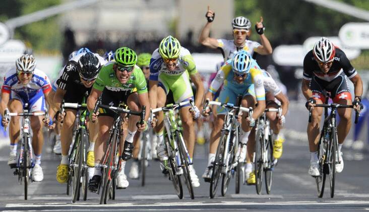 - PARIS, FRANCE: Holder of the green jersey of leader in the sprint ranking British Mark Cavendish of Team HTC - High Road sprints for the finish at the end of the twenty first and final stage of the Tour de France cycling race, from Creteil to Paris (95km), in France, Sunday 24 July 2011. The 98th Tour de France ends on the Champs-Elysees in Paris today. ERICxLALMAND  x28358976x