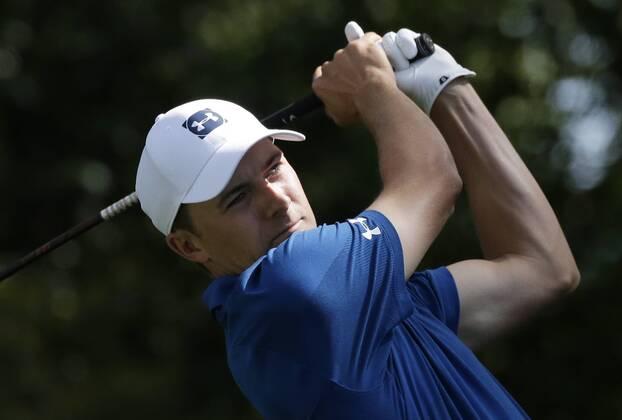 Jordan Spieth hits a tee shot on hole 2 in the 2nd round of the 2018 Masters Tournament at the Augusta National Golf Club in Augusta, Georgia, on April 6, 2018.  AUG20180406103 JOHNxANGELILLO