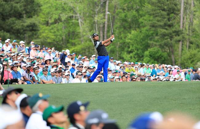 Golf: Masters Tournament 2nd round Hideki Matsuyama of Japan tees off on the 12th hole during the second round of the Masters Tournament at the Augusta National Golf Club in Augusta, Georgia, on April 6, 2018. 