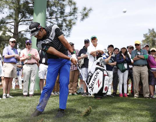 Golf: Masters Tournament 2nd round Hideki Matsuyama of Japan hits his third shot on the second hole during the second round of the Masters Tournament at the Augusta National Golf Club in Augusta, Georgia, on April 6, 2018. 