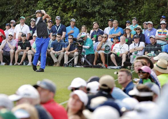 Golf: Masters Tournament 2nd round Hideki Matsuyama of Japan tees off on the 17th hole during the second round of the Masters Tournament at the Augusta National Golf Club in Augusta, Georgia, on April 6, 2018. 