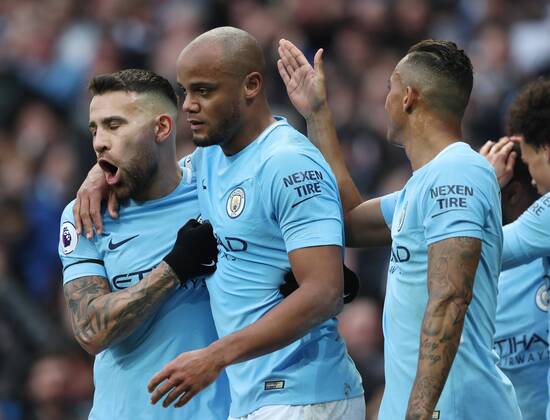 Vincent Kompany of Manchester City celebrates scoring during the premier league match at the Etihad Stadium, Manchester. Picture date 7th April 2018. Picture credit should read: Simon Bellis Sportimage EDITORIAL USE ONLY. No use with unauthorised audio, video, data, fixture lists, club league logos or live services. Online in-match use limited to 120 images, no video emulation. No use in betting, games or single club league player publications.
