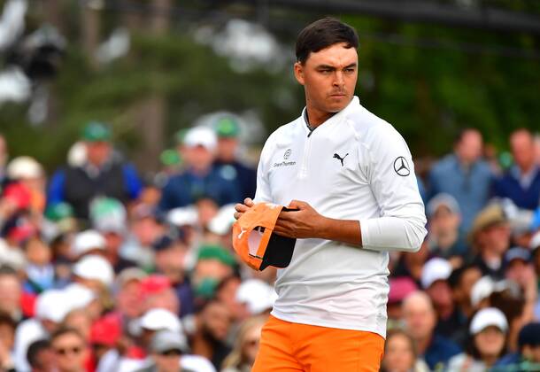 Rickey Fowler reacts after finishing his final round of the 2018 Masters Tournament at the Augusta National Golf Club in Augusta, Georgia, on April 8, 2018. Fowler finished second with 14-under-par  AUG20180408335 KEVINxDIETSCH