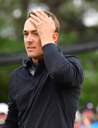 Jordan Spieth finishes his round on the final day of the 2018 Masters Tournament at the Augusta National Golf Club in Augusta, Georgia, on April 8, 2018.  AUG20180408338 KEVINxDIETSCH