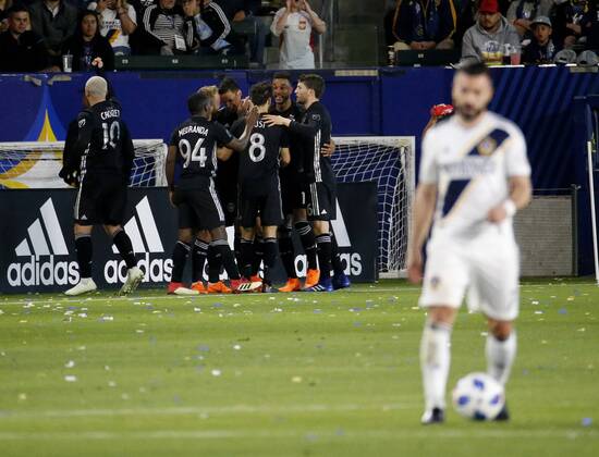 April 8, 2018 - Los Angeles, California, U.S - Sporting Kansas City celebrate their goal against Los Angeles Galaxy during the 2018 Major League Soccer MLS Fussball Herren USA match between Los Angeles Galaxy and Sporting Kansas City in Carson, California, April 8, 2018. Sporting Kansas City won 2-0. MLS 2018: Los Angeles Galaxy 0-2 Sporting Kansas City - ZUMAc68_ 20180408_zaf_c68_034 Copyright: xRingoxChiux