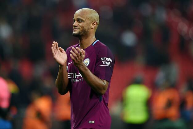 Vincent Kompany of Manchester City celebrates at the end of the premier league match at the Wembley Stadium, London. Picture date 14th April 2018. Picture credit should read: Robin Parker Sportimage EDITORIAL USE ONLY. No use with unauthorised audio, video, data, fixture lists, club league logos or live services. Online in-match use limited to 120 images, no video emulation. No use in betting, games or single club league player publications. HIP_1509