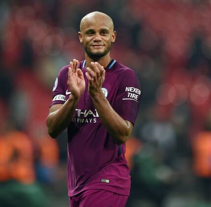 Vincent Kompany of Manchester City celebrates at the end of the premier league match at the Wembley Stadium, London. Picture date 14th April 2018. Picture credit should read: Robin Parker Sportimage EDITORIAL USE ONLY. No use with unauthorised audio, video, data, fixture lists, club league logos or live services. Online in-match use limited to 120 images, no video emulation. No use in betting, games or single club league player publications. HIP_1504