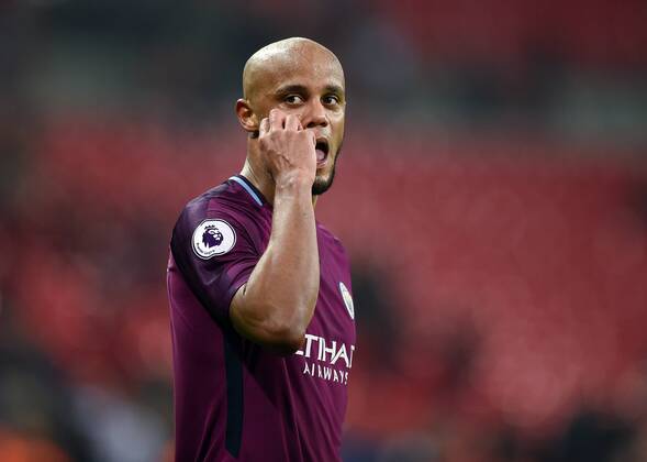 Vincent Kompany of Manchester City celebrates at the end of the premier league match at the Wembley Stadium, London. Picture date 14th April 2018. Picture credit should read: Robin Parker Sportimage EDITORIAL USE ONLY. No use with unauthorised audio, video, data, fixture lists, club league logos or live services. Online in-match use limited to 120 images, no video emulation. No use in betting, games or single club league player publications. HIP_1579