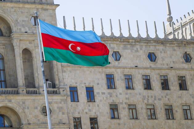 Motorsports: World Championship WM Weltmeisterschaft 2018; Grand Prix Azerbaijan, Grand Prix of Europe, Formula 1 2018 Azerbaijan Grand Prix, National Flag Old Building Baku Azerbaijan