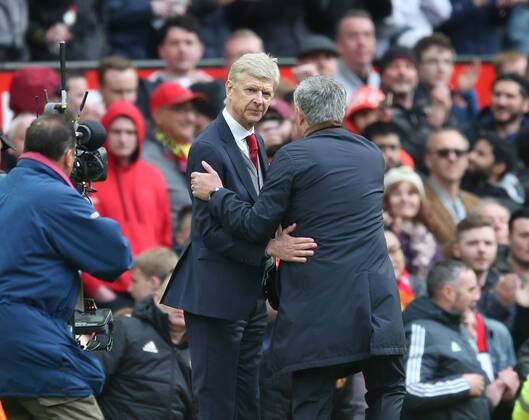 Arsene Wenger manager of Arsenal shakes hands with Jose Mourinho manager of Manchester United ManU during the premier league match at the Old Trafford Stadium, Manchester. Picture date 29th April 2018. Picture credit should read: Simon Bellis Sportimage EDITORIAL USE ONLY. No use with unauthorised audio, video, data, fixture lists, club league logos or live services. Online in-match use limited to 120 images, no video emulation. No use in betting, games or single club league player publications.