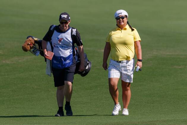 THE COLONY, TX - MAY 05: Christina Kim and her caddie walk up the 3 fairway during the LPGA Golf Damen Volunteers of America Texas Classic on May 5, 2018 at the Old American Golf Club in The Colony, TX. (Photo by Andrew Dieb Icon Sportswire) GOLF: MAY 05 LPGA - Volunteers of America Texas Classic Icon180505332 EDITORIAL USE ONLY