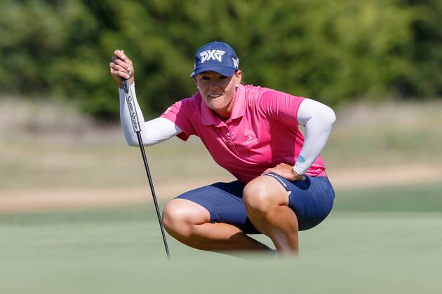 THE COLONY, TX - MAY 05: Katherine Kirk of Australia lines up her putt on 3 during the LPGA Golf Damen Volunteers of America Texas Classic on May 5, 2018 at the Old American Golf Club in The Colony, TX. (Photo by Andrew Dieb Icon Sportswire) GOLF: MAY 05 LPGA - Volunteers of America Texas Classic Icon180505393 EDITORIAL USE ONLY